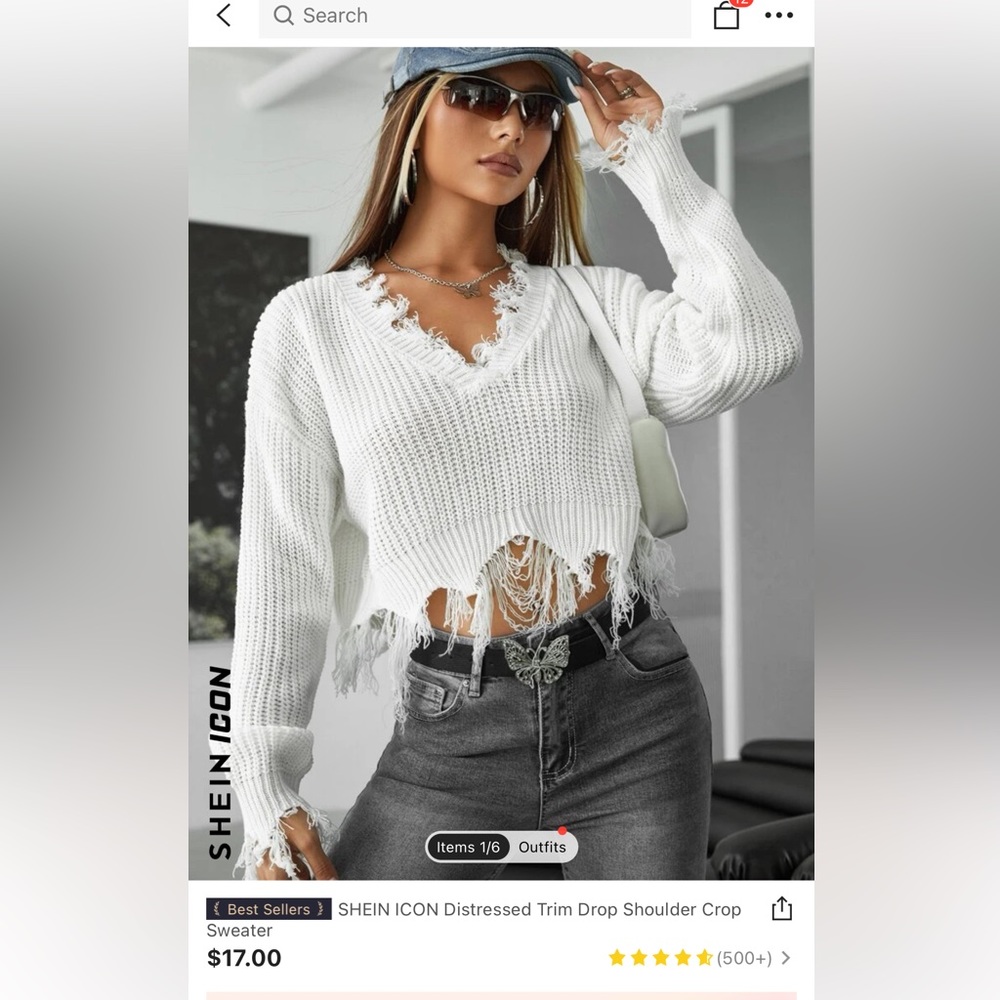 SHEIN ICON Distressed Trim Drop Shoulder Crop Sweater